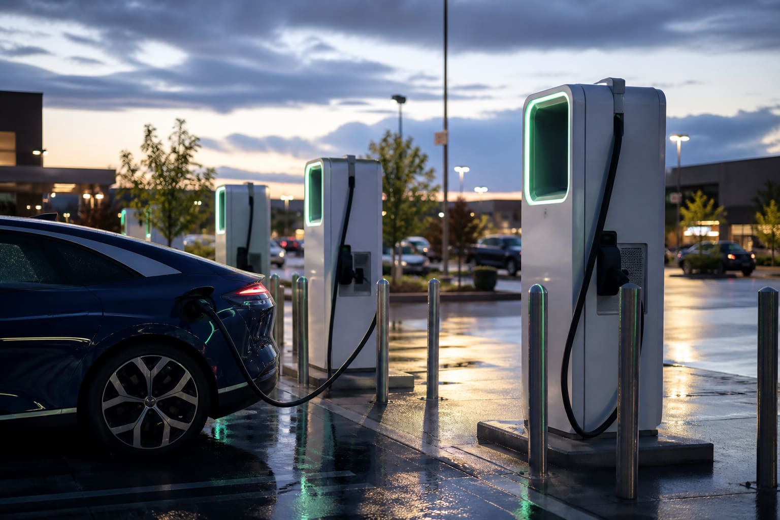 Public DC fast charger at a shopping plaza at dusk