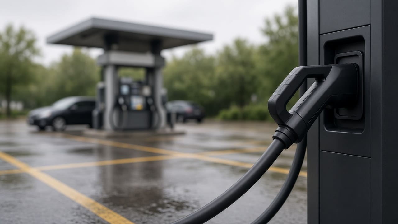 Gas pump and EV charging cable in the same parking lot