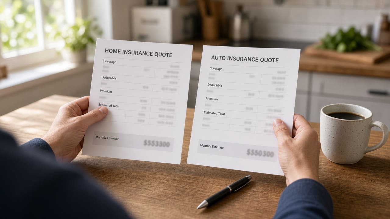 Two insurance quote printouts on a kitchen table