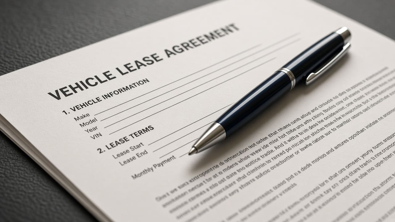 Pen resting on a vehicle lease contract
