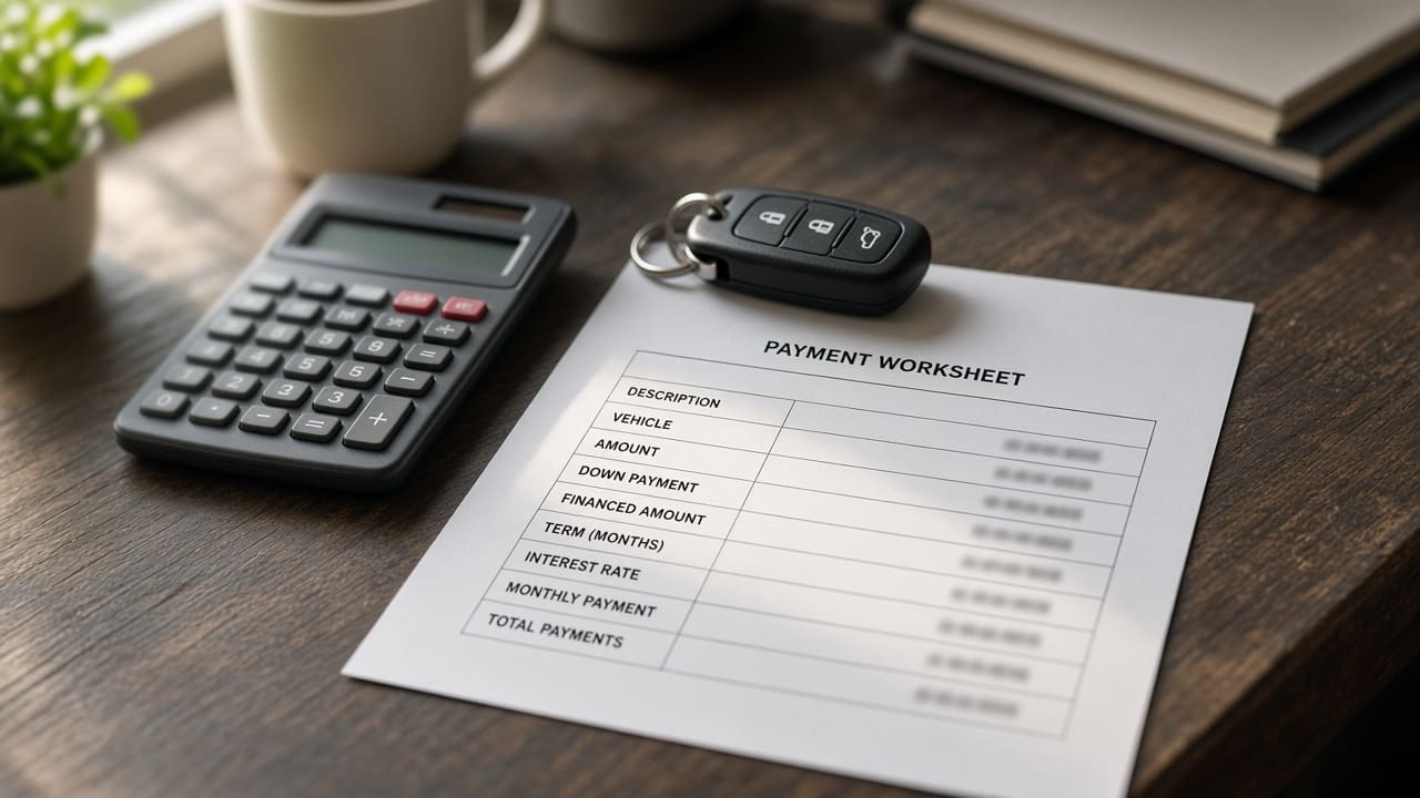 Calculator and car key next to a payment worksheet