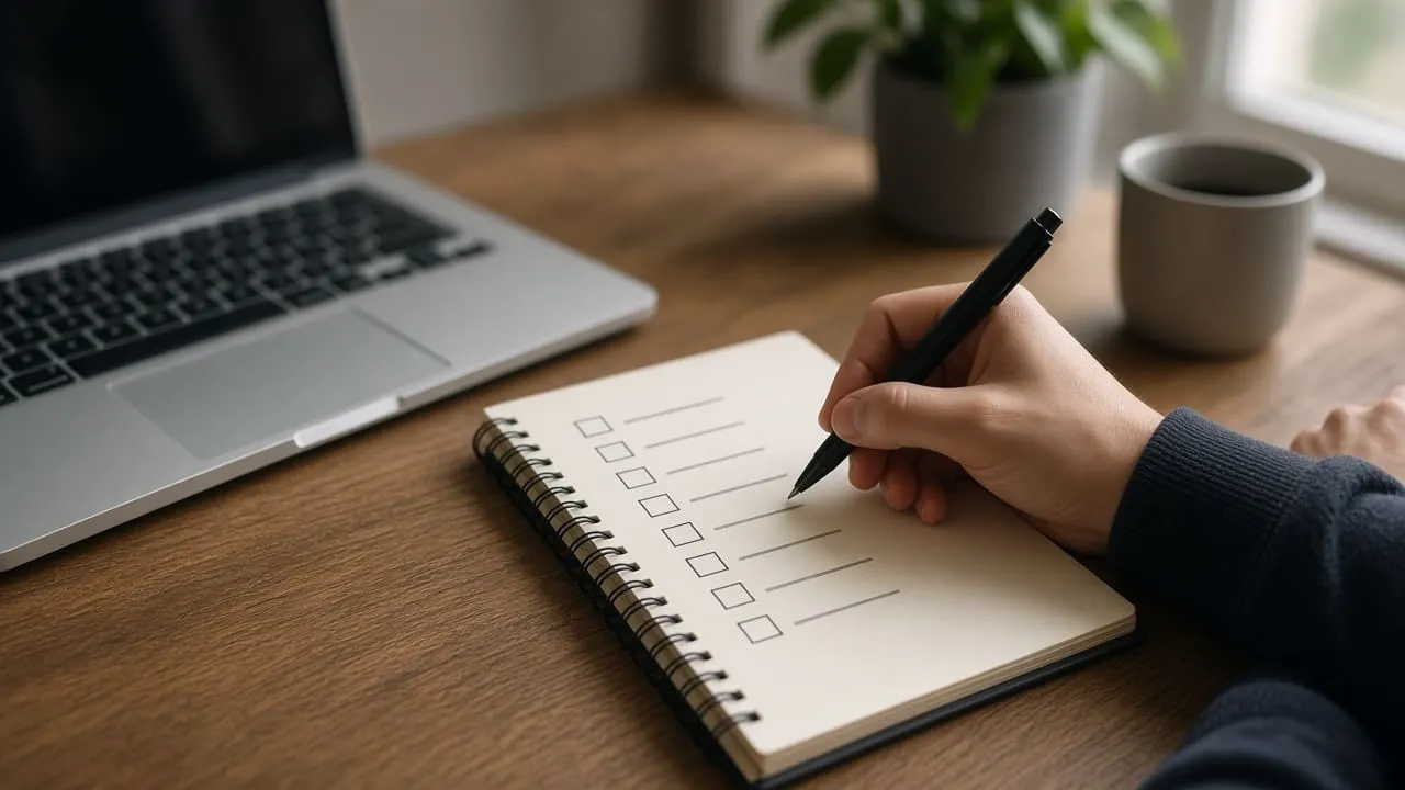 Person reviewing a checklist notebook beside a laptop