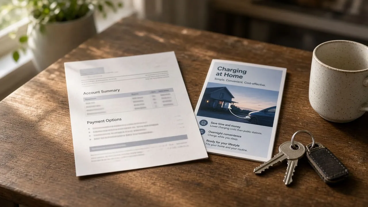 Utility bill and charger rebate brochure on a kitchen table