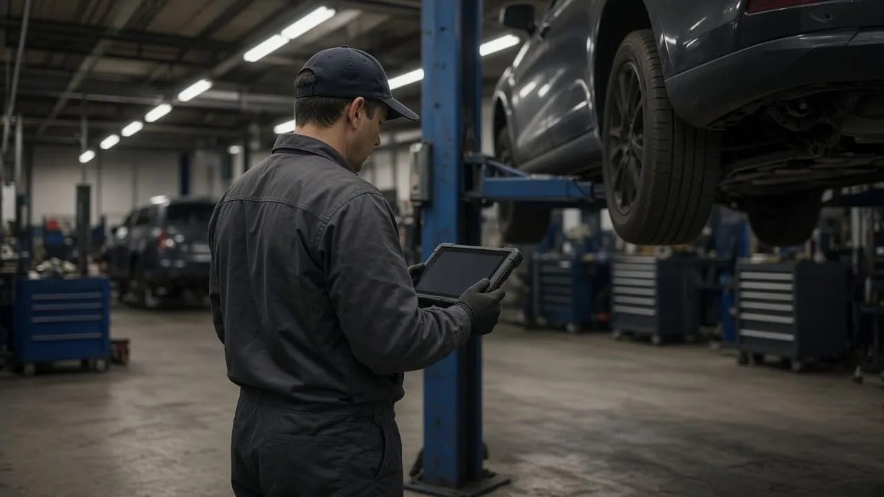 Technician scanning a vehicle with a diagnostic tablet