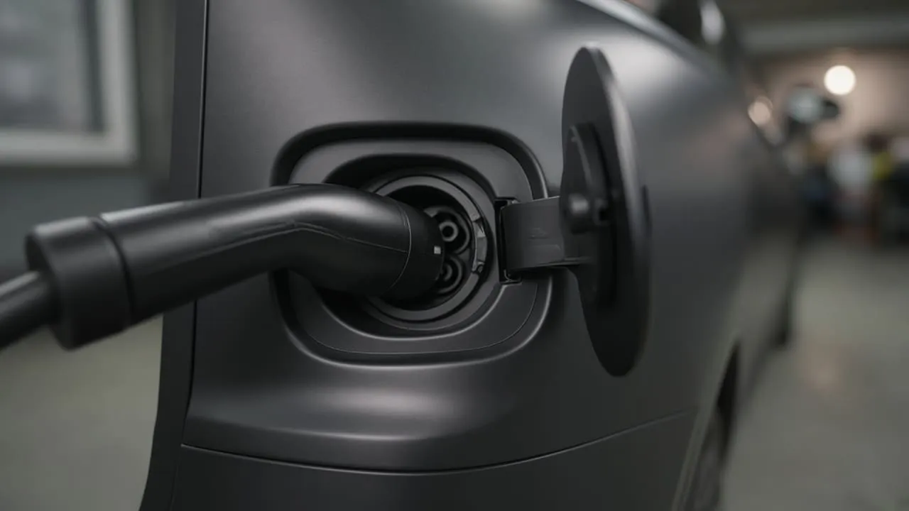 Close-up of a charge port with a cable plugged in