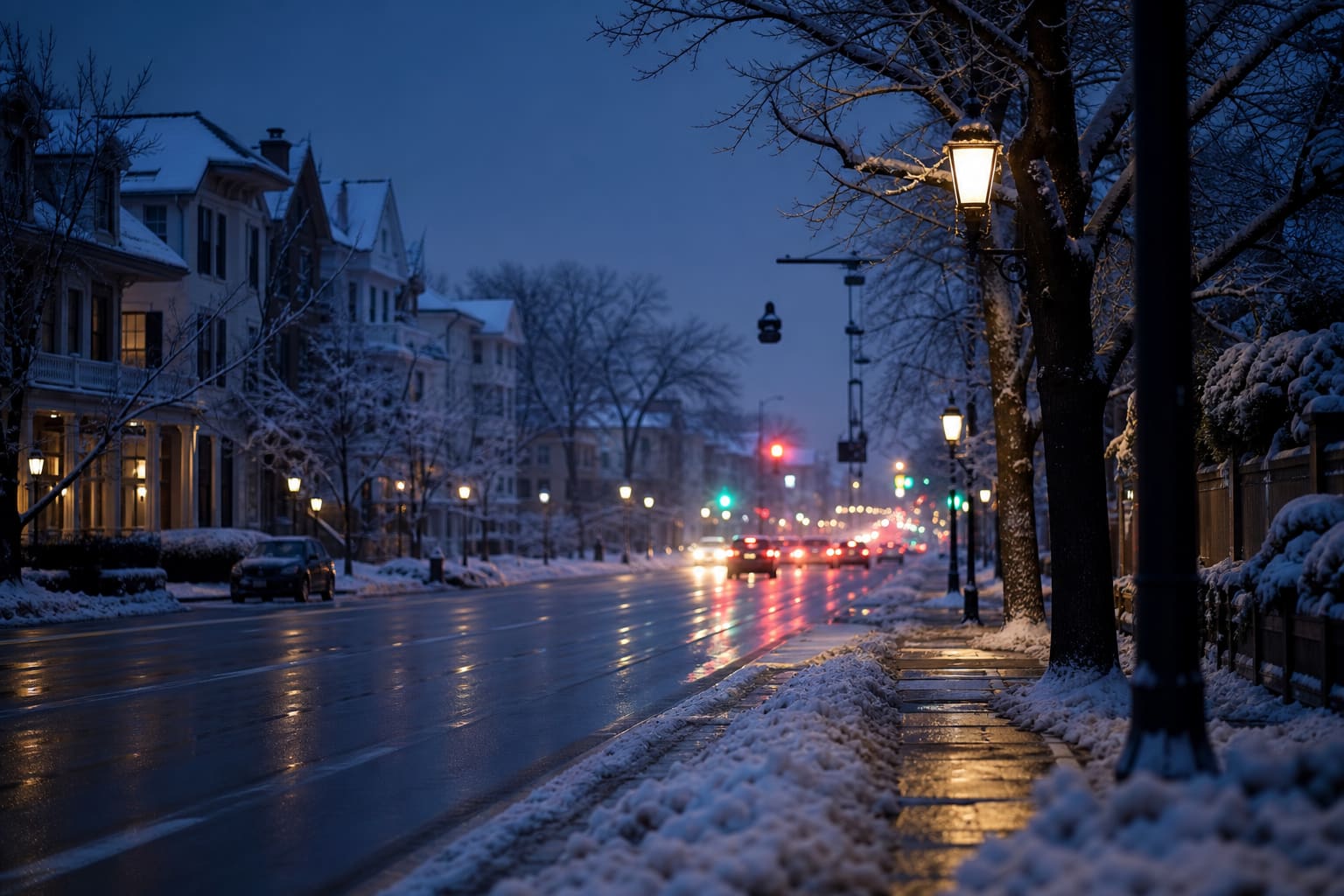 Snowy residential street at dawn