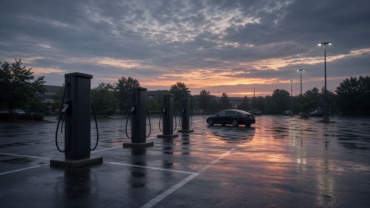 Office parking lot with EV chargers at dusk
