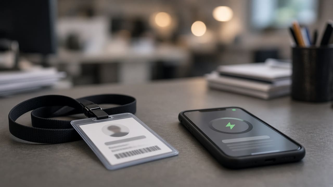 Phone showing a charging app next to an employee badge